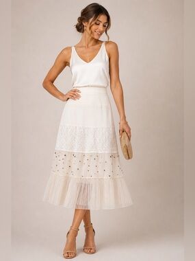 NWT Spencer Jeremy Silk Tiered Skirt Ivory Beaded Lace Midi Size 12